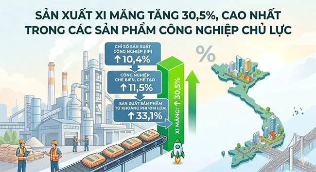 Sản xuất xi măng tăng 30,5%, cao nhất trong các sản phẩm công nghiệp chủ lực