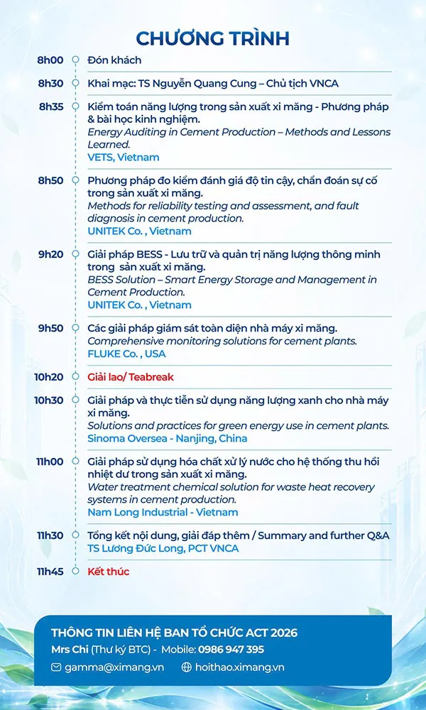 Nội dung chương trình hội thảo Công nghệ xi măng tiên tiến ACT Oct-2026.