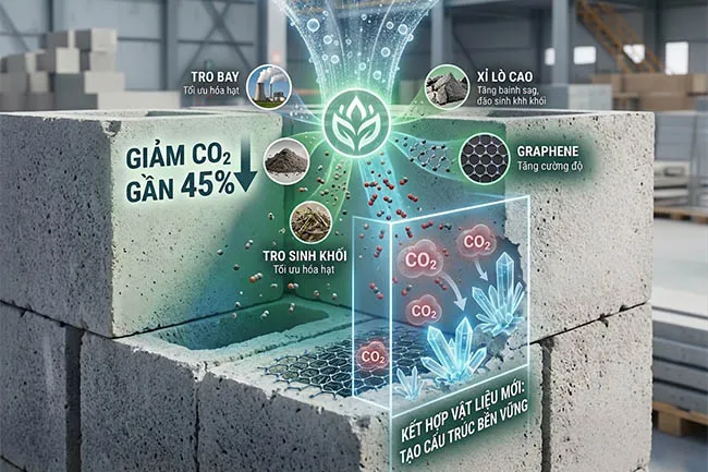 Kết hợp tro bay, xỉ lò cao, tro sinh khối và graphene giúp bê tông giảm gần 45% phát thải CO₂.