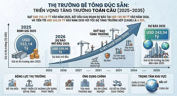 Thị trường bê tông đúc sẵn toàn cầu dự báo đạt 243,54 tỷ USD năm 2035, cùng xu hướng sản xuất công nghiệp, giảm phát thải và sử dụng vật liệu carbon thấp.